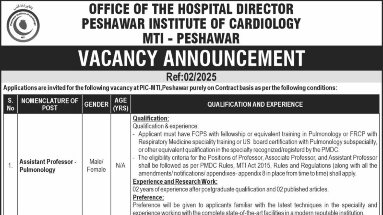 Peshawar Institute of Cardiology Jobs 2025 – Apply Online Now