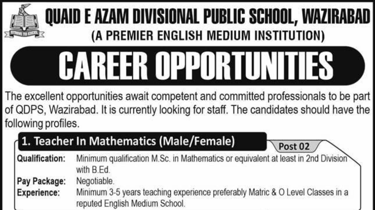 Quaid e Azam School Teaching Jobs 2025