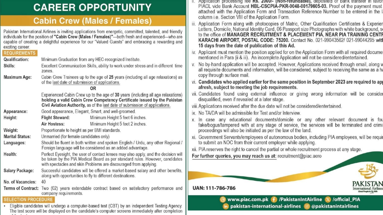 PIA Cabin Crew Jobs 2025 Online Application Form and Details